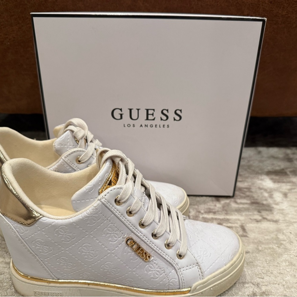 GUESS Women's Sneakers in White with Gold Details